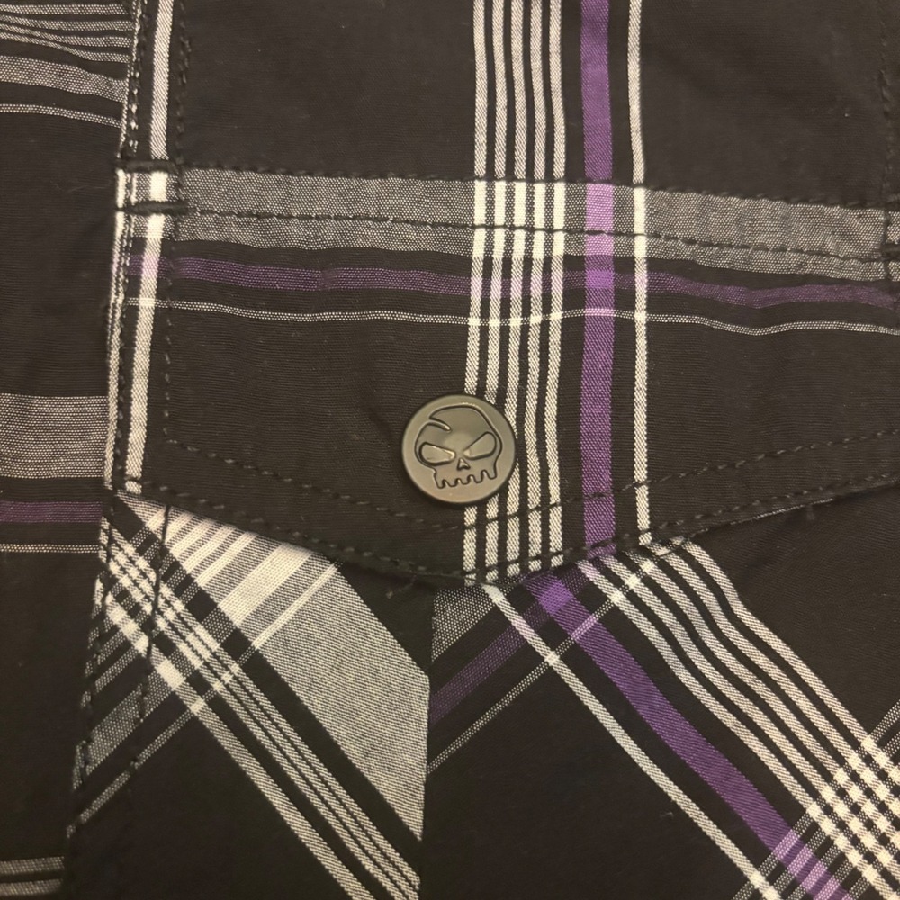 No Fear 90s Men's Medium Plaid Short Sleeve Button Up Shirt - Black Purple White - Picture 8 of 16